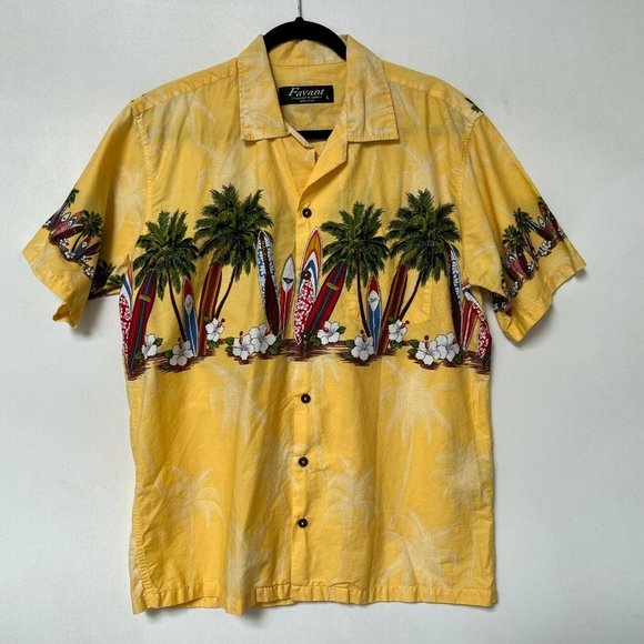 Favant Other - Favant Mens Hawaiian Button Down Short Sleeve Shirt Yellow Print Size Large